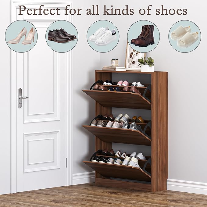 BORNOON Shoe Cabinet with 3 Flip Drawers, Slim Narrow Shoe Storage Cabinet, Freestanding Shoe Organizer with Adjustable & Removable Shelves, Top Display Shelf for Entryway, Hallway, Foyer, Closet