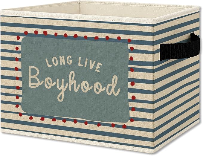 Boy Nursery Cube Storage Bins with Handles, Long Live Boyhood Blue Striped Collapsible Fabric Storage Basket Boxes Books Clothes Organizer for Kids Boys Room Bedroom Playroom Bathroom