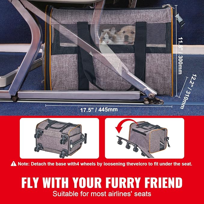 Happybuy Cat Carrier with Wheels, Airline Approved Rolling Pet Carrier with Telescopic Handle and Shoulder Strap, Holds Pets up to 22 lbs, Includes Folding Bowl, Grey
