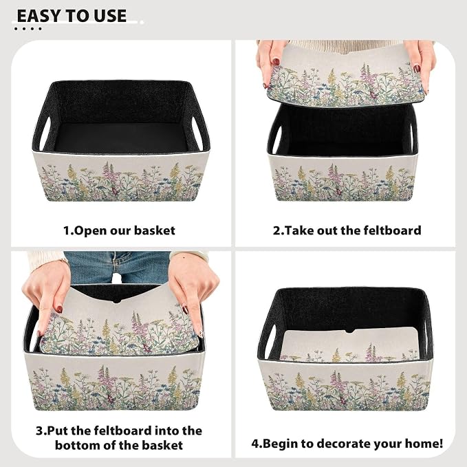 Emelivor Flower Leaves Beige Storage Basket Bins Set (2pcs) Felt Foldable Storage Bins with Dual Handles Dog Basket for Office Bedroom Closet Babies Nursery DVD Laundry