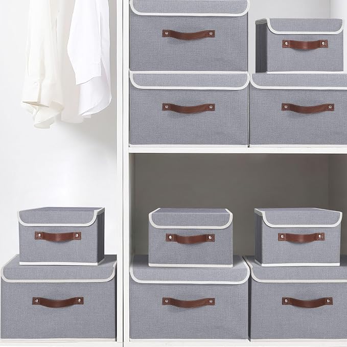 ANMINY Fabric Storage Box Bins with Lids, Gray, 13"x9"x7.9" | Keepsake Memory Storage, Cotton Linen, PP Board Reinforced, Washable, PU Handles, Foldable & Stackable, Decorative, Medium