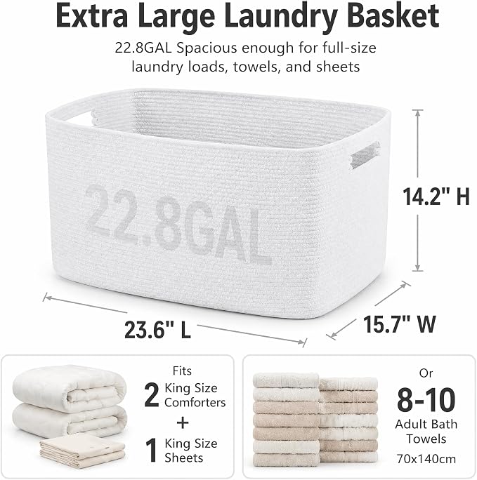 Cotton Rope Laundry Basket Extra Large, 22.8GAL Collapsible Woven Storage Baskets for Living Room Kids Toys Stuffed Animal,Boho Rectangular Decorative Hamper for Dirty Clothes, Blankets Pure White