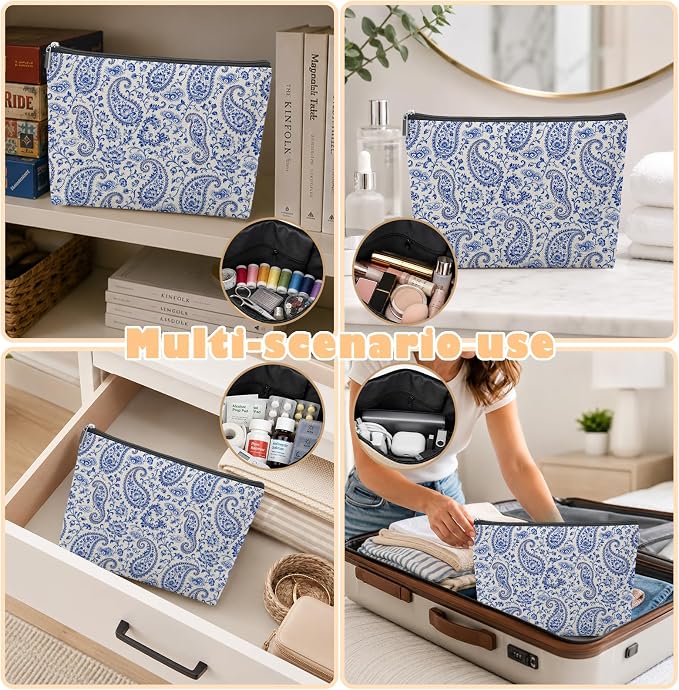 Boho Blue Paisley Empty Mahjong Tile Bag 13x7.8 Inch | Preppy Floral Printed Portable Travel Case Organizer Zipper Pouch for American Mahjong Tiles Game Night Accessories and Gifts