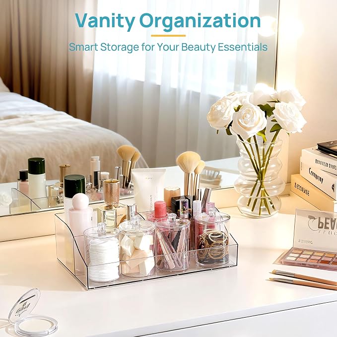 Vtopmart 6 PCS Bathroom Countertop Organizer Sets | 1 Divided Tray, 4 Qtip Holder Jars, 1 Drawers, Clear Organizers, For Toothbrush, Cotton Pads, Vanity Accessories