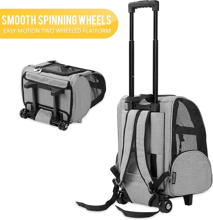 Deluxe Backpack Pet Travel Carrier with Double Wheels for Pets up to 18 Pounds - Grey