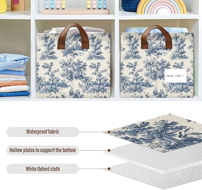 French Country Storage Bins for Shelves with Labels&Handles Fabric Organizer Bin Foldable Rectangle Beige Blue Vintage Storage Basket Boxes for Closet, Bathroom, Home, Living Room