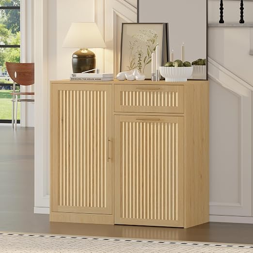 Single 13 Gallon Pull Out Trash Can Cabinet with Storage Cabinet,Natural | Pet Proof Hidden Garbage Can Cabinet,3-Tier Shelves,Fluted Design,Extra Drawer Space,Kitchen & Dining Room Organization