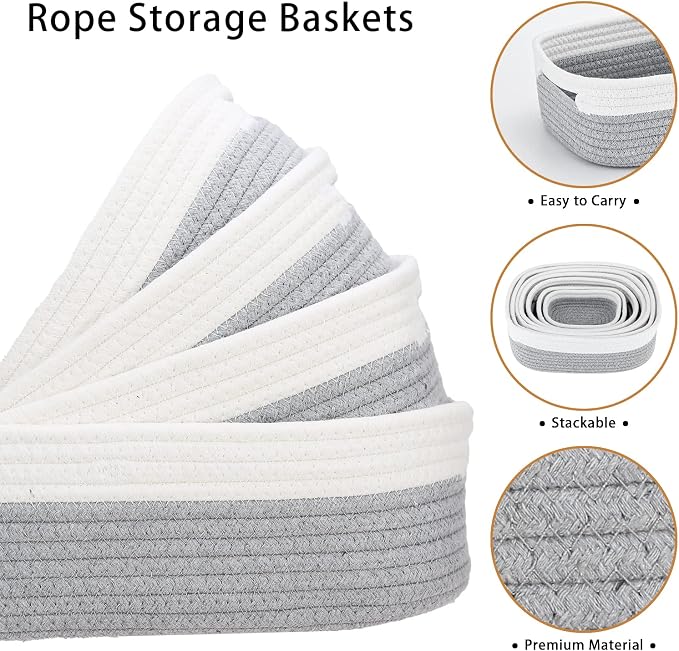 7 Piece Cotton Rope Woven Basket Set - Small Basket for Baby Nursery, Pets, Montessori, Dog & Cat Toy Boxes, Bathroom Organization Bins (White/Gray)