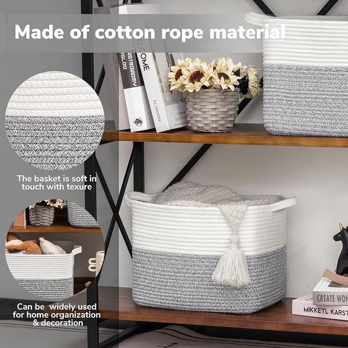 Goodpick Woven Storage Basket for Shelves, 13" x 10" x 9", Gray & White | Stylish Gift Basket for Home Decor, Cotton Rope Baskets for Toys, Towels & Shoes Storage, Closet & Shelf Organization