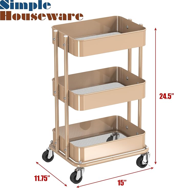 Simple Houseware 3-Tier Utility Cart, Low 24" Height Fits Under Desk, Khaki | Compact & Lower Height Great for Under-Desk Space-Saving Storage for Home Office, Dining Room, or Kitchen