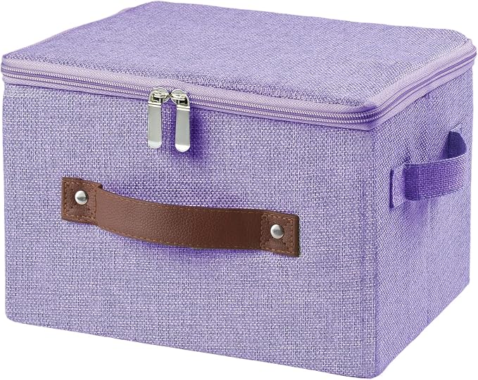 Storage Bins with Zipper Lid Decorative Lidded Storage Boxes | Collapsible Cotton Linen Fabric Storage Baskets, PU Leather Handle, Stackable Shelf Closet Organizer Container(Purple, Small)