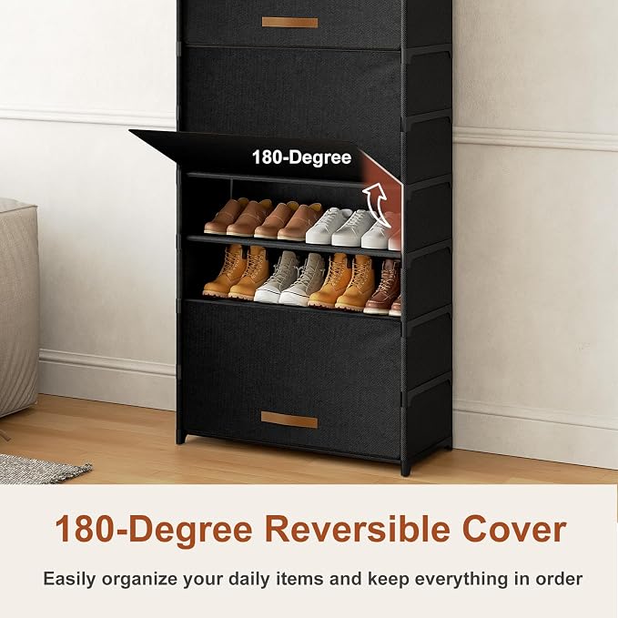 9 Tier Shoe Cabinet with Door, 36-Pair Storage, Black | Max Capacity for Large Families, Door Prevents Dust & Pet Damage, Holds All Shoe Types, Easy Connector Assembly