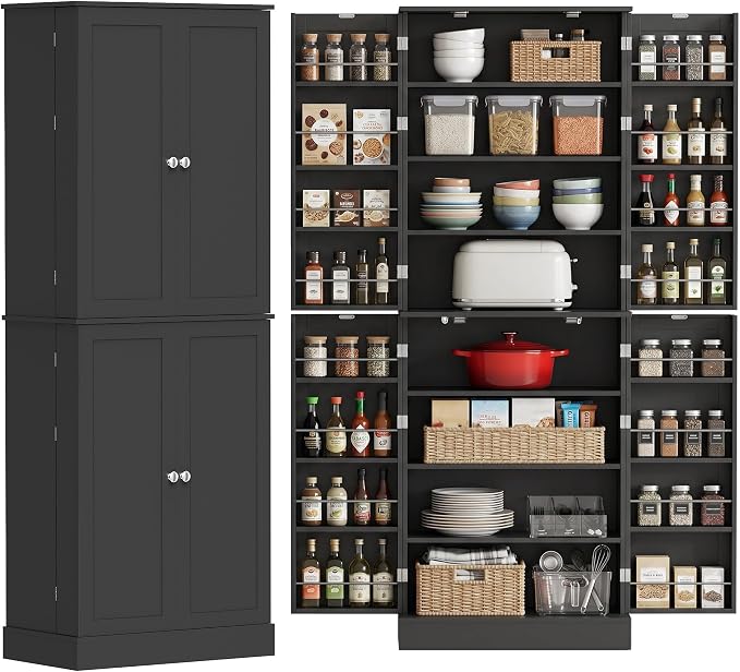 HOMCOM 65" Kitchen Pantry Storage Cabinet 16 Door Shelves Black | Freestanding Kitchen Cabinet, 4 Doors, 8-Tier Shelving, Adjustable Shelves
