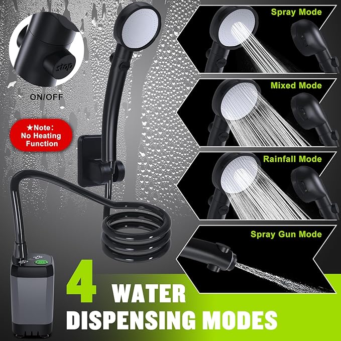 Portable Shower for Camping, [Long-Lasting] 6000mAh Rechargeable | Camping Shower with Intelligent LED Display, 4 Spray Modes, IPX7 Waterproof Outdoor Camp Pump for Hiking, Travel, Car, Pet