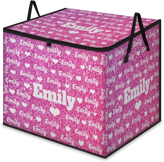 Custom Comforters Storage Basket with Lid, Personalized Name Large Organizer Bin for Pet/Children Toys, Books, Clothes, Perfect for Rooms/Playroom, Water Pink Glittering with Love Hearts
