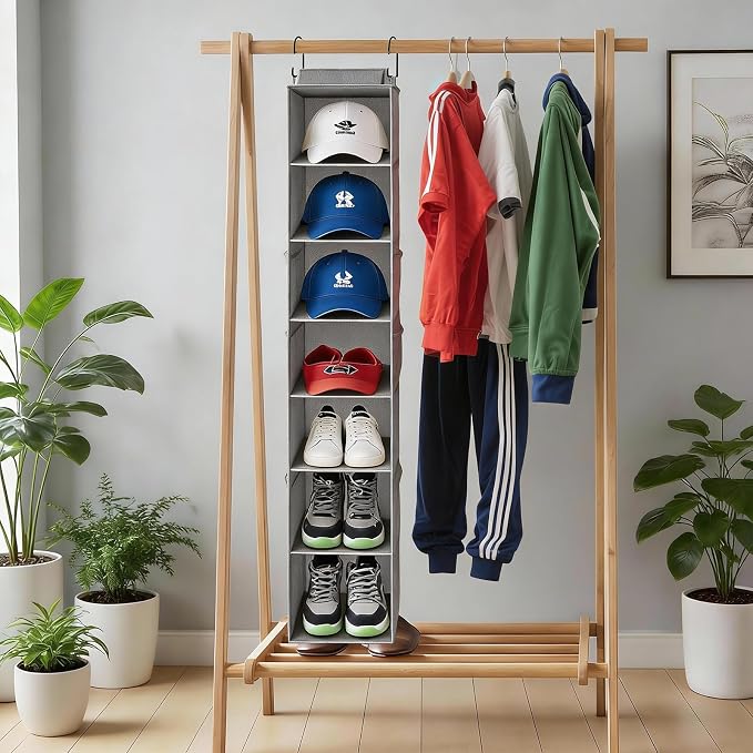 Hanging Shoe Organizer for Closet,8-Shelf Hanging Storage with Side Mesh Pockets,Wider Shelves for Baseball Caps,Clothes (9" W × 11.8" D × 54" H) Grey
