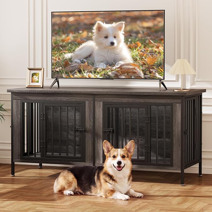 DUMOS 54" Dog Crate Furniture for 2 Dogs with Divider, Gray Wood Grain | Wooden Dog Kennel Furniture, Small Breed Center Divider and Double Doors, Heavy Duty Indoor Dog Cage, TV Stand, Side Table