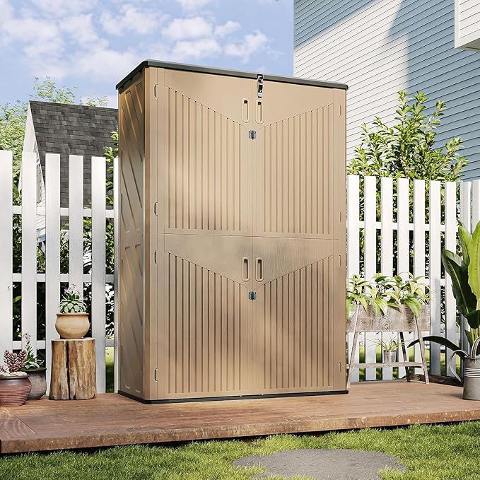 Aoxun Outdoor Storage Shed, 64 Cu.Ft Vertical Storage Sheds, Brown | Outdoor Waterproof Storage Cabinet for Garage Storage, Resin Sheds Outdoor with Floor