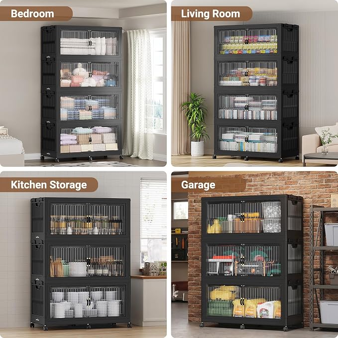 BROVIEW 800QT Extra Large Stackable Storage Bins with Lids, 4Pack Black | 200Gal Plastic Collapsible Cabinets Containers, Wheels & PET Doors, Foldable Closet Organizers Drawers for Office, Dorm