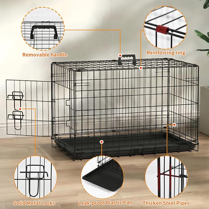 FDW Dog Crate 36-Inch Dog Cage Single Door Foldable Metal Kennel with Leakproof Tray Foldable Design Indoor Outdoor Use for Medium Dogs,Dark Black
