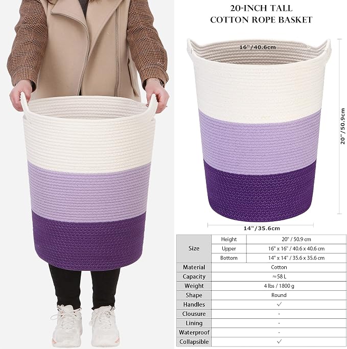 Sea Team Large Woven Cotton Rope Laundry Basket with Handles, 20 x 14 in | Collapsible Knitted Hamper, Closet Shelf Organizers, Containers for Clothing, Blankets, Toys, Bedding, Lavender