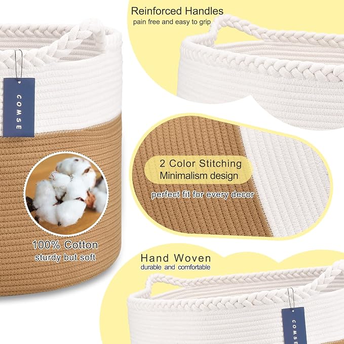 COMSE XXXLarge Woven Blanket & Laundry Basket, 87L, White & Camel | 21.7" x 13.8", Cotton Rope, Nursery Hamper for Storage of Toys Clothes Towels, Ideal for Living Room Bedroom Bathroom