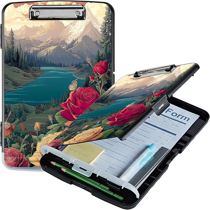A4 Clipboard with Storage Pen Holder, Clipboards Organizer Nursing Clipboard Foldable File Folder Plastic Clipboard Folio Clip Board for Office Work Classroom Doctor, Rose Mountain Clouds