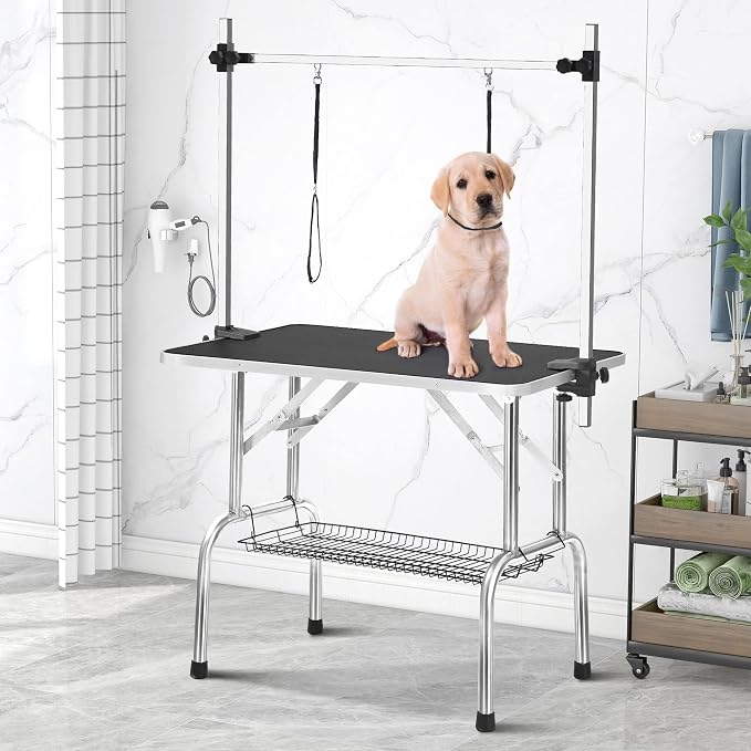 46" Professional Adjustable Pet Grooming Table Heavy Duty with Arm & Nosse & Mesh Tray for Large Dog Cat Shower Table Bath Station, Maximum Capacity Up to 300 LBS (Black 46 inch)