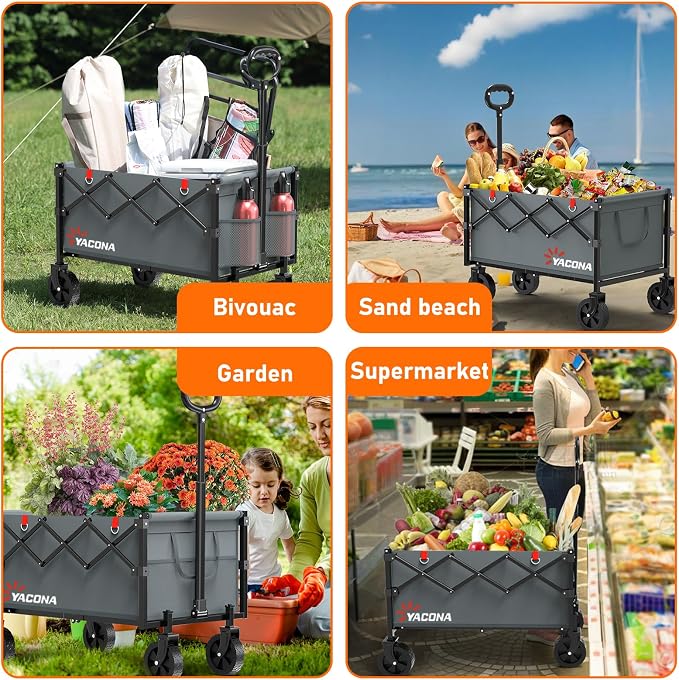 Yozoia Wagons Carts Foldable,Utility Beach Grocery Wagon with Wheels,Grey | Foldable, Lightweight, Portable, Simple Installation for Camping Shopping Beach Garden Sports