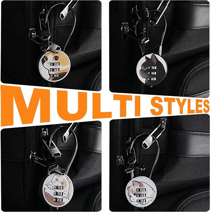 Small Combination Lock for Luggage, Gym Locker, Backpack Bag Zipper, Mini Combo Lock with Code, 5.12 Inch Steel Cable Padlock for Travel Suitcase (4-Cat, Cute)