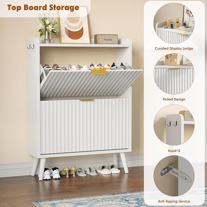 Shoe Storage Cabinet for Entryway with 2 Flip Drawers,Fluted Door | Shoe Organizer Cabinet with Adjustable & Removable Shelves,Narrow Shoe Cabinet for Foyer, Hallway, Living Room, 2 Hooks,White
