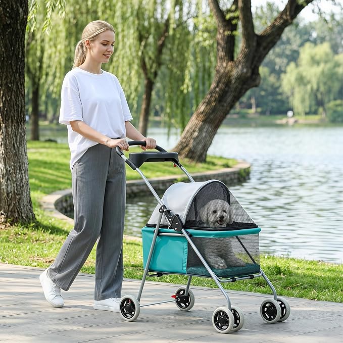 BestPet Foldable Pet Stroller for Small/Medium Dogs and Cats Up to 33 lbs | 4-Wheel Stroller Pet Strolling Cart w/ Breathable Mesh, Lockable Rear Wheels, Cup Holder/Tray & Storage Box, Teal
