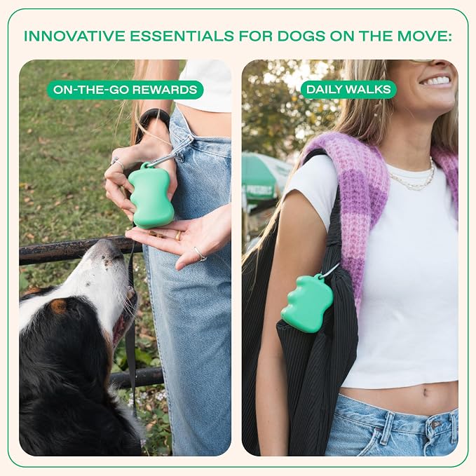 Springland Silicone Dog Training Treat Pouch for Leash, Green | One-hand squeeze dispenser, food-grade silicone, BPA-free, carabiner included, easy-fill holder for rewards on the go