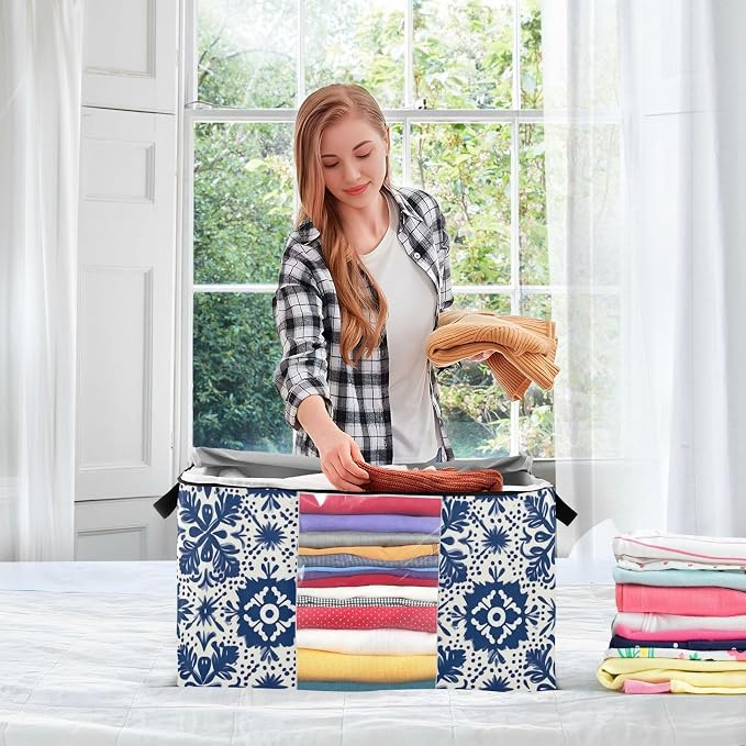 Generic Blue Mexican Talaveras Clothes Storage Bag Bins 2 Pack Foldable Storage Containers Large Closet Organizer with Zipper Storage Cubes for Comforters Clothing Pillows 95L