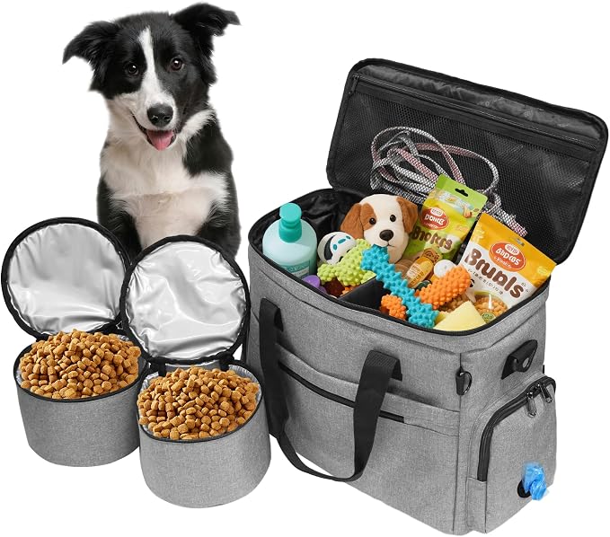 MYDAYS Dog Travel Bag, Pet Luggage Suitcase, Weekend Tote Carrier with Collapsible Bowl (Gray)