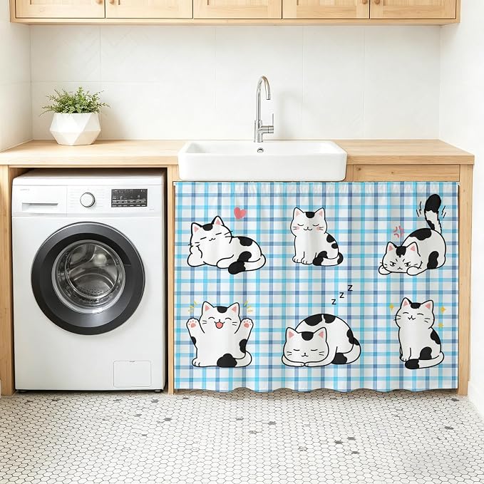Cute Cat Oven Skirt Curtain for Kitchen Decor 28"x35", Modern Playful Pet Cats Blue Purple Plaid Self Adhesive Stove Curtains Skirt Cabinet Curtains for Bathroom Laundry Room