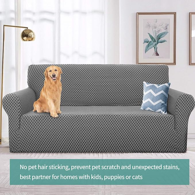YEMYHOM Couch Cover Latest Jacquard Design High Stretch Sofa Covers for 3 Cushion Couch, Pet Dog Cat Proof Slipcover Non Slip Magic Elastic Furniture Protector (Large, Dark Gray Checkered)