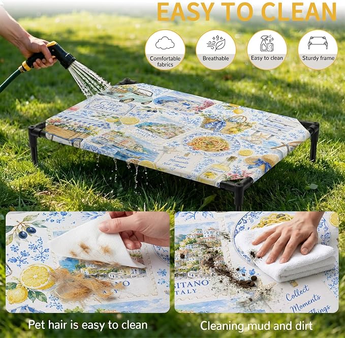 Summer Village Elevated Dog Bed, Coastal Blue Flowers Cart Yellow Lemons Starfish Outdoor Raised Pet Bed for Dogs Cats, Portable Breathable Cooling Waterproof Pet Cot 24x20 Inch