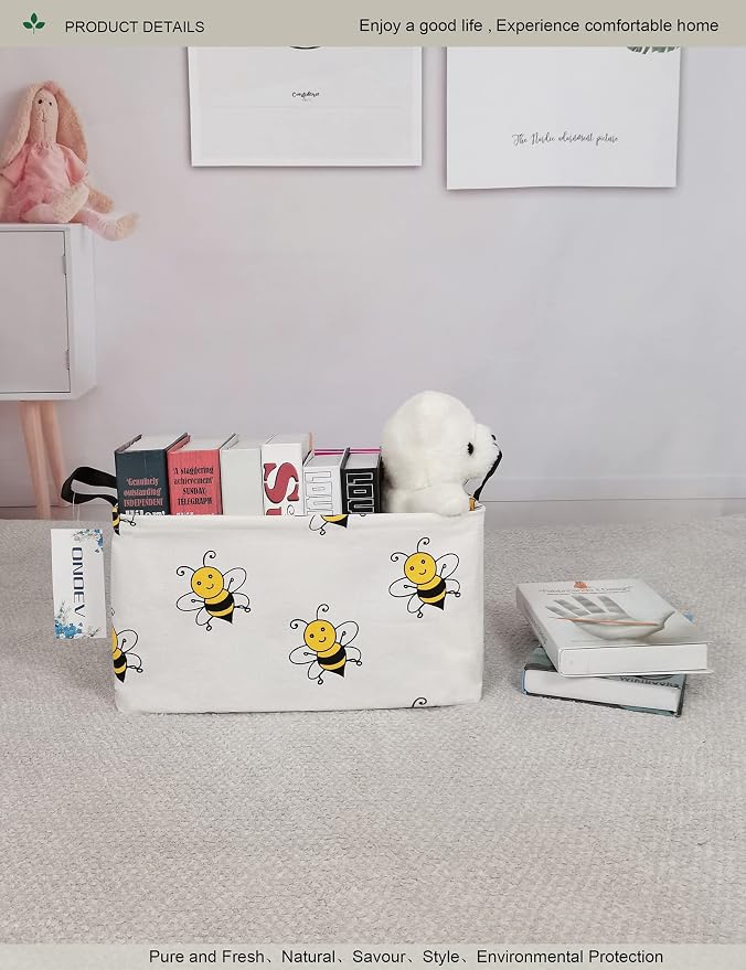 Rectangular Fabric Storage Bin, Foldable Bee print Basket | Damp-proof canvas with reinforced stitched handles.Great for clothes,books & sundries in closets,playrooms,laundry rooms.