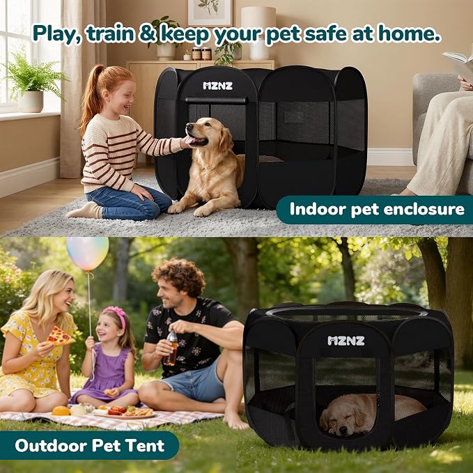 Dog Cat Small Animal Puppy Playpen Crate, Large, Whole Black | Portable Pop Up Pet Cage Enclosure Tent Kennel Indoor Outdoor with Carrying Case, No Assembly, Camping Use