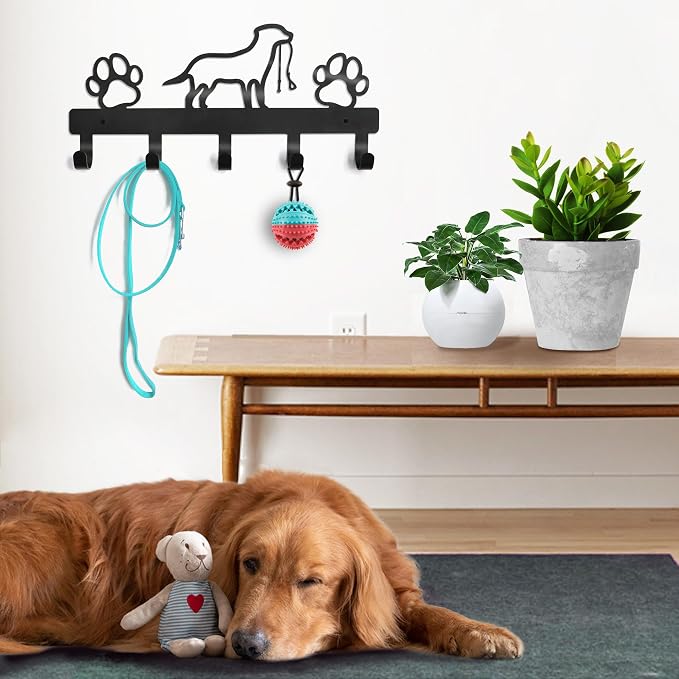 PET ARTIST Dog Leash Holder for Wall, Metal Dog Leash Hooks for Wall Decorative, Dog Leash Hanger Organizer Wall Mount with 5 Hooks, Dog Stuff Storage Organizer for Key Holder Dog Collar and Leash Set