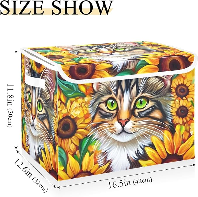 Sunflower Cat Storage Bins with Lids Closet Bedroom 40L Storage Basket | Decorative Storage Boxes, Foldable & Stackable, Dust-Proof Flip Top, Reinforced Handles, For Home & Dorm, Clothes & Toy Box