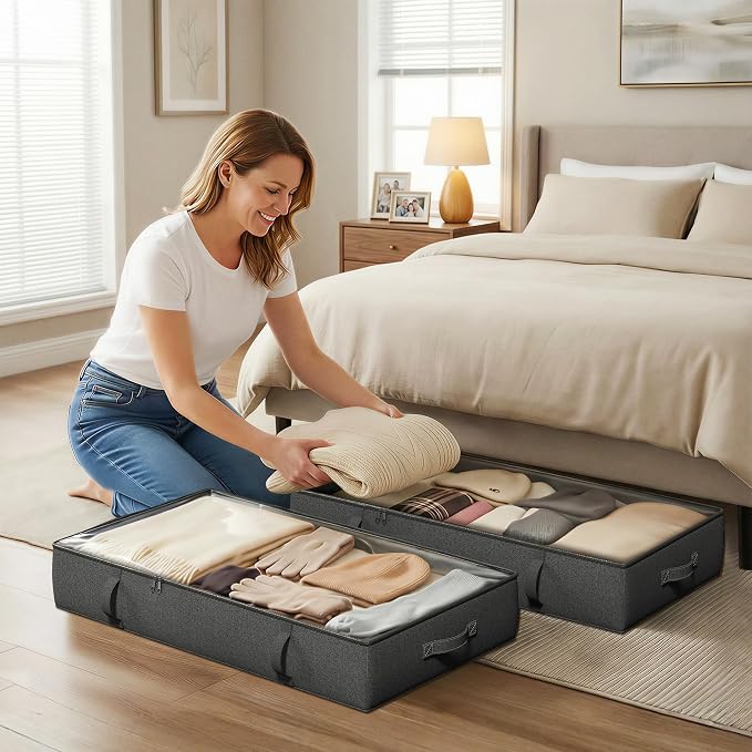2-Pack Under Bed Storage Containers, 8 Inches Tall Clothes Storage, Black | Large Capacity Collapsible Underbed Organizer with Sturdy Sidewalls/Bottom, Cotton Linen Bins, For Seasonal Clothes & Bedding