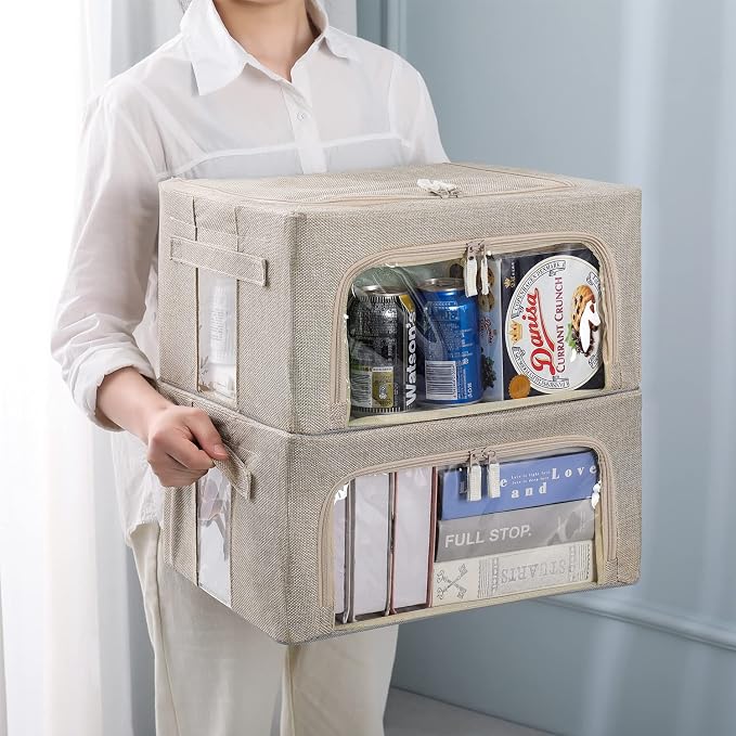 CYhom 3Pack Foldable Storage Bins - Frame Storage Box Linen Fabric Stackable Clothes Container Organizer with Clear Window & Carry Handles Large Capacity (Small-22L, Beige)