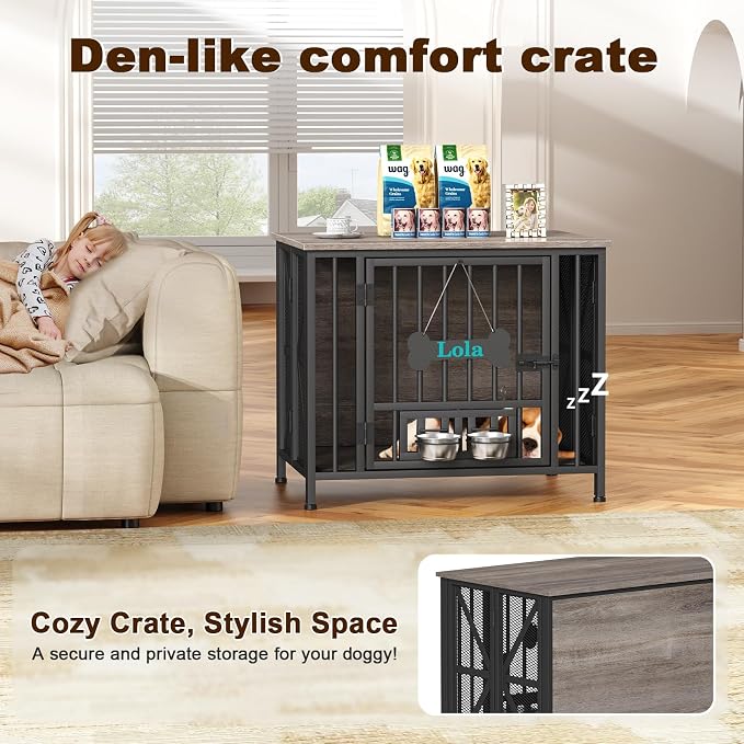 EasyCom Foldable Dog Crate Furniture, 31.5" Dog Crates for Small/Medium Dogs, Wooden Dog Kennel Indoor with Tag & Adjustable Dog Bowls, Dog Cage Use as End Table/TV Stand, Oak Grey | Foldable Dog Crate Furniture, Wooden Dog Kennel Indoor