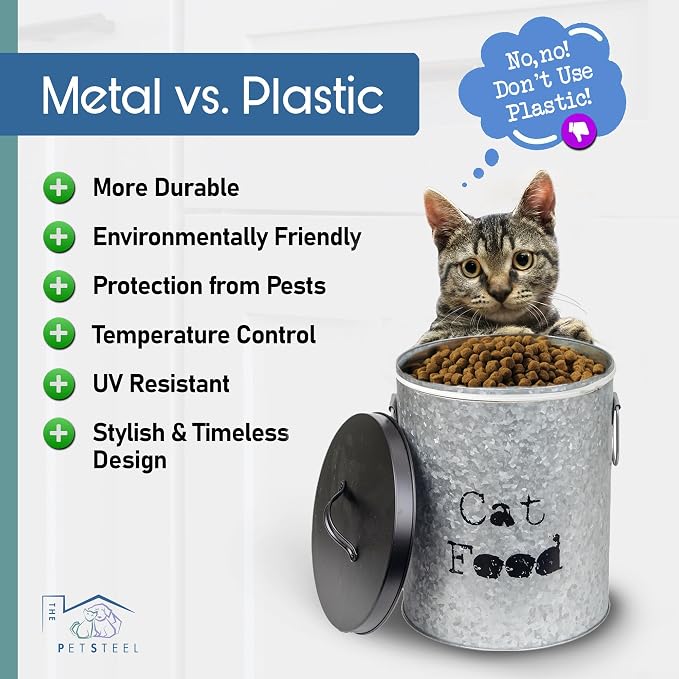 Medium Cat Up To 30lb Pet Food Storage Canister with Scoop – Durable & Airtight for Freshnesss, Minimalist Design & Recyclable, Huge Large Metal Container (Cat Bin - Medium Size)
