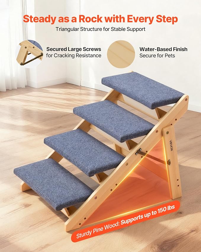 VEVOR Wood Pet Stairs, 4-Step Dog Stairs for Beds, Sofa & Cars, Floded Flat | For Small Medium Large Older Pet Puppy Essentials, 150lbs Load Capacity, Stable & Sturdy Cat & Dog Step Ladder, Non-Slip