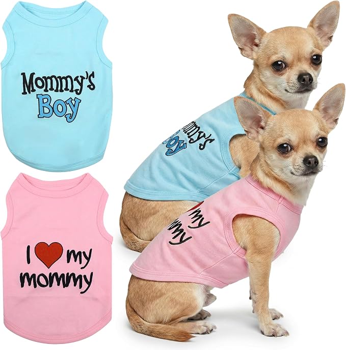 Parisian Pet 2 Pack Dog Shirts – 100% Cotton Shirts for Small Dogs Boys – Sleeveless Mommy’s Love Dog Clothes – Breathable and Lightweight Pet Apparel - Stretchy Summer T Shirts for Dogs