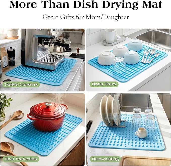 CAKETIME 2 Pack Colorful Silicone Dish Drying Mat for Kitchen Counter Multiple Usage for Cooking Camping Office Table Desk Coffee Cute Gadgets Pioneer Woman Stuff Extra Large 24"*18" Blue