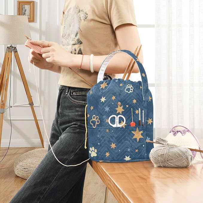 Fustylead Beautiful Shooting Stars and Paw Prints Yarn Knitting Crochet Drawstring Bag with Customized Front Compartment, Portable Large Storage Basket for Crocheting Project, Kit, Yarn Ball, Needles
